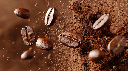 Coffee splash, close-up, several coffee beans flying around in coffee powder, advertising photography, studio shot