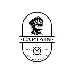Bearded ship captain or skipper with a pipe and peaked cap for marine nautical logo design for sailor