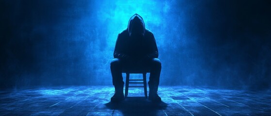 Silhouette of Hooded Man Sitting Alone in Dark Room With Blue Lighting and Smoky Atmosphere