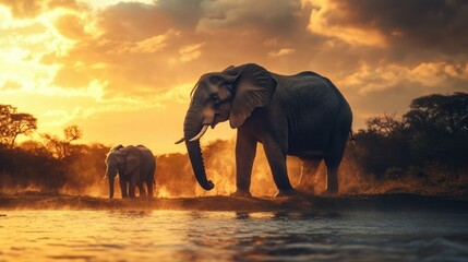 Fototapeta premium Two Elephants Walking Through Water at Sunset