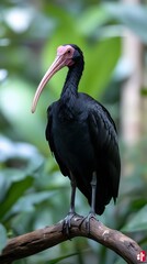 Naklejka premium Northern Bald Ibis Hermit Perched on a Branch in Nature, Realistic Photo, Wallpaper, Cover and Screen for Smartphone, Cell Phone, Computer, Laptop, 9:16 and 16:9 Format