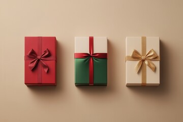 Three minimalist Christmas gift boxes with vibrant ribbons and unique geometric designs to elevate the holiday spirit. Generative AI