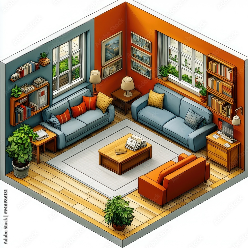 Wall mural isometric view of a furnished living room with a coffee table and two couches