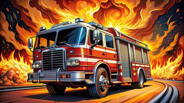 Vibrant vector illustration of a fire engine racing to the rescue, surrounded by flames, smoke, and sparks, with bold lines and dynamic colors.
