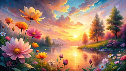 Vibrant watercolor artwork depicts a serene sunset backdrop with delicate, blooming flowers in shades of pink, orange, and yellow, exuding warmth and tranquility.