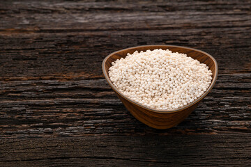 Sagu starch balls - Tapioca pearls in the bowl. Manihot esculenta.
