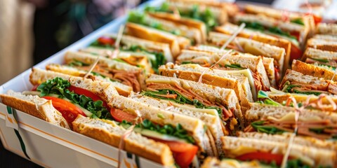 Box of Sandwiches for Catering Delivery Tasty Fresh Snacks for Event Venue Meal Served in a Large Container Triangle Sandwiches with Cheese Tomato and Green Salad for Lunch