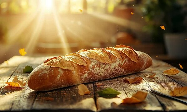 Freshly baked bread on rustic wooden table with ai generated.
