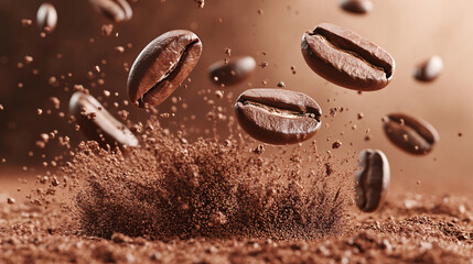 Coffee splash, close-up, several coffee beans flying around in coffee powder, advertising photography, studio shot