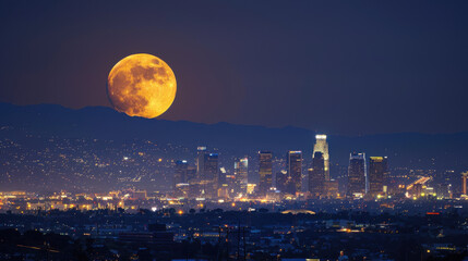 night time photo of downtown Los Angeles with a enlarged moonrise in the background 