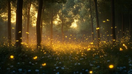 A magical forest with fireflies at twilight