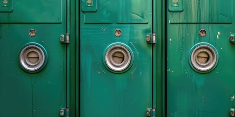 Close up of three green school lockers with combination wheels