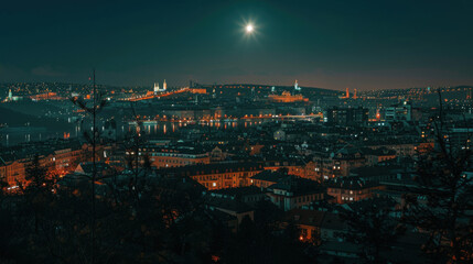 Surreal cityscape at night, Canon EOS R5, RF 24-70mm f/2.8, moon glowing unusually bright, shadows creating mysterious shapes