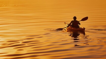 Man kayaking on lake at sunset enjoying the outdoors