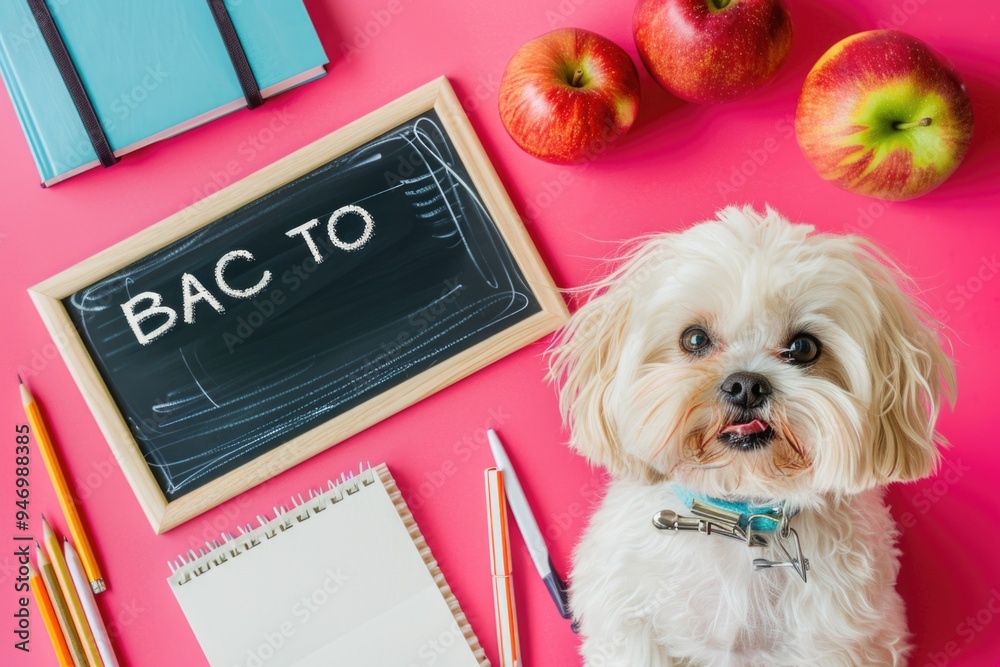 Canvas Prints A small white dog sits next to a chalkboard, ideal for education or training themes