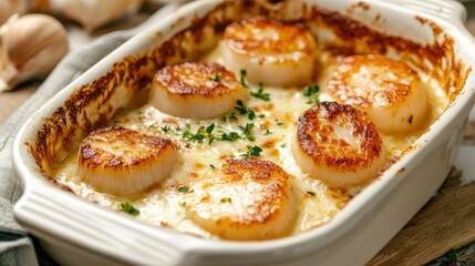 A serving of scallop cream gratin in a baking dish, featuring tender scallops in a rich, creamy sauce topped with crispy cheese, perfect for a gourmet dinner