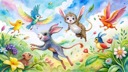 Vibrant watercolor illustration features whimsical animals, including a leaping rabbit, soaring bird, and playful monkey, in a joyful, swirling scene filled with energy and movement.