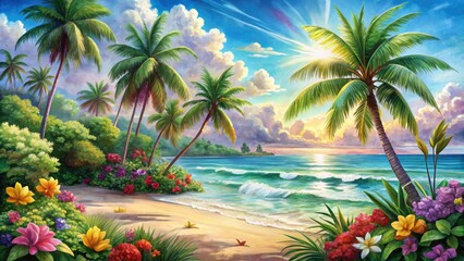 Vibrant watercolor illustration of a serene tropical beach scene with swaying palm trees, colorful flowers, and a tranquil ocean waves under a bright sunny sky.