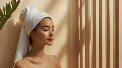 Fototapeta premium A beautiful Asian woman with a towel on her head, relaxing in a minimalist spa with clean lines and a neutral color palette