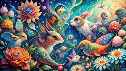 Vibrant watercolor illustration of fantastical creatures, including birds, fish, and rabbits, merged with mesmerizing spiral patterns, blooms, and cosmic effects, evoking whimsy and wonder.