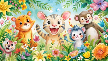 Fototapeta premium Vibrant watercolor illustration of joyful animals, including a smiling tiger, rabbit, and monkey, surrounded by colorful flowers and leaves, radiating happiness and playful energy.