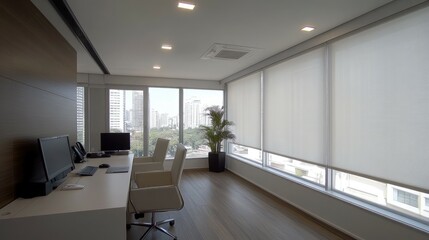 Modern Office Interior with City View and White Desk