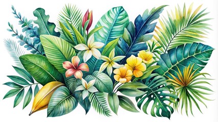 Fototapeta premium Vibrant watercolor illustration of lush tropical foliage, featuring exotic flowers, palm fronds, and leaves in shades of green, blue, and yellow on a white background.