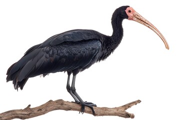 Fototapeta premium Northern Bald Ibis Hermit Perched on a Branch on White Background, Realistic Photo, Wallpaper, Cover and Screen for Smartphone, Cell Phone, Computer, Laptop, 9:16 and 16:9 Format