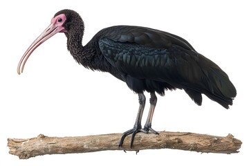 Obraz premium Northern Bald Ibis Hermit Perched on a Branch on White Background, Realistic Photo, Wallpaper, Cover and Screen for Smartphone, Cell Phone, Computer, Laptop, 9:16 and 16:9 Format
