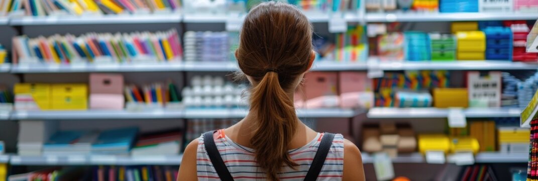 Caucasian woman organizing school supplies in a stationery shop, seen from the back, showcasing office supplies for creative arts and leisure activities.