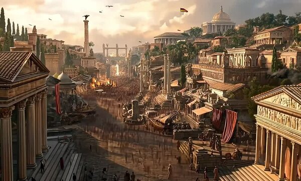 Ancient Roman city bustling with people with ai generated.
