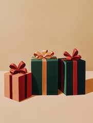 Three geometric Christmas gift boxes adorned with bright ribbons and bows showcase a minimalist design in seasonal colors. Generative AI