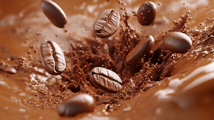 Coffee splash, close-up, several coffee beans flying around in coffee powder, advertising photography, studio shot