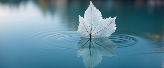 Delicate White Leaf Floating on a Blue Still Water Surface
