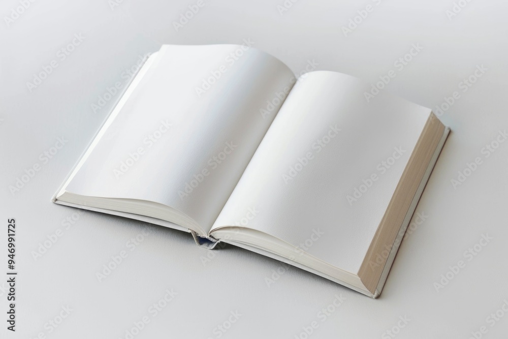 Poster A single open book placed on a clean white surface, ready for reading and learning