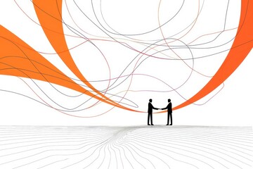 Businessmen shaking hands under abstract line art.