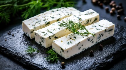Artistic composition of sliced feta cheese with fresh dill and thyme on a dark stone slab, creating a close-up focus on the cheese's texture and herbs