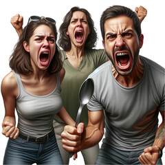 
two women screaming and a man screaming with a spoon in his hand