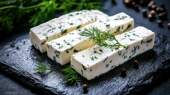 Artistic composition of sliced feta cheese with fresh dill and thyme on a dark stone slab, creating a close-up focus on the cheese's texture and herbs
