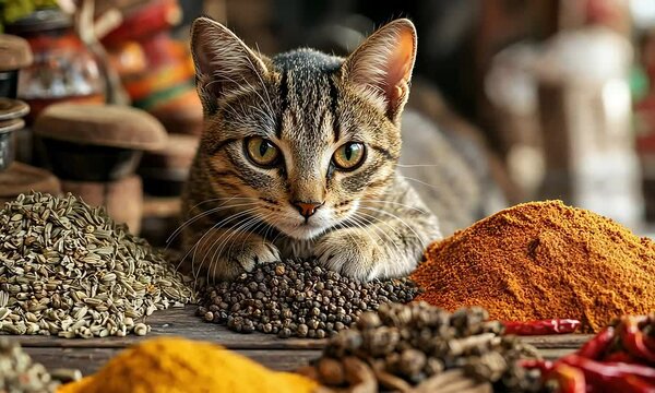 Curious Cat Surrounded by Colorful Spices on Table with ai generated.
