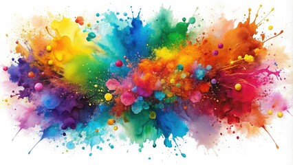 Fototapeta premium Vibrant watercolor splashes dance across a white background, swirling with energetic brushstrokes and rich, jewel-toned hues, evoking a sense of playful, abstract creativity.