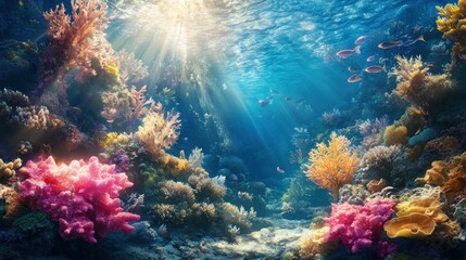 Underwater Coral Reef with Sunlight Rays and Fish