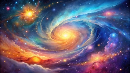 Fototapeta premium Vibrant watercolor splatters and swirling cosmos collide in a mesmerizing galaxy background, with shimmering stars and nebulae set against a soft, dreamy, ethereal atmosphere.