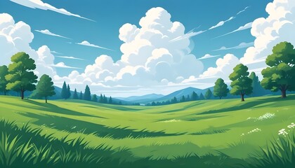 Obraz premium Green Meadow Blue Sky White Clouds Nature Illustration Digital Painting