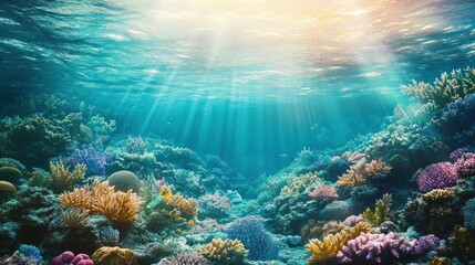 Fototapeta premium Sunbeams Illuminating Vibrant Coral Reef Underwater
