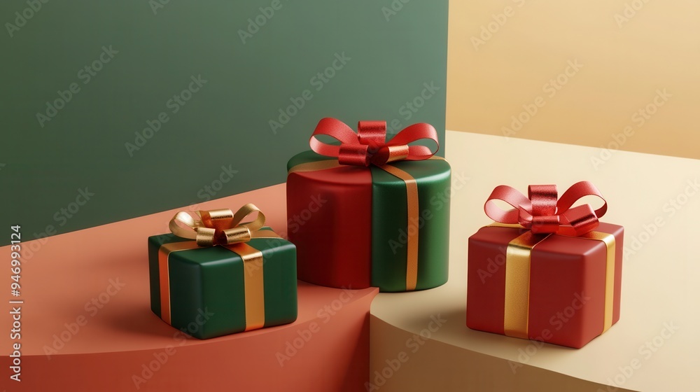 Poster brightly wrapped minimalist gift boxes with bows sit atop geometric surfaces, adding a cheerful touc