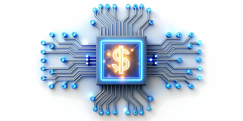 Fototapeta premium 3D Glowing Abstract Circuit Board with Financial Symbols: Integration of Technology and Finance in Fintech Management