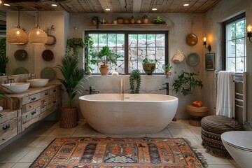 Fototapeta premium Designer oasis - bathroom in unique style, blending innovative design elements, luxurious features, artistic touches to create space that redefines traditional bathroom aesthetics.