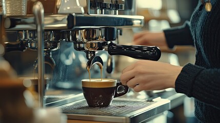 Barista expertly operating a modern espresso machine, pulling a perfect shot of espresso with rich crema in a cozy coffee shop setting