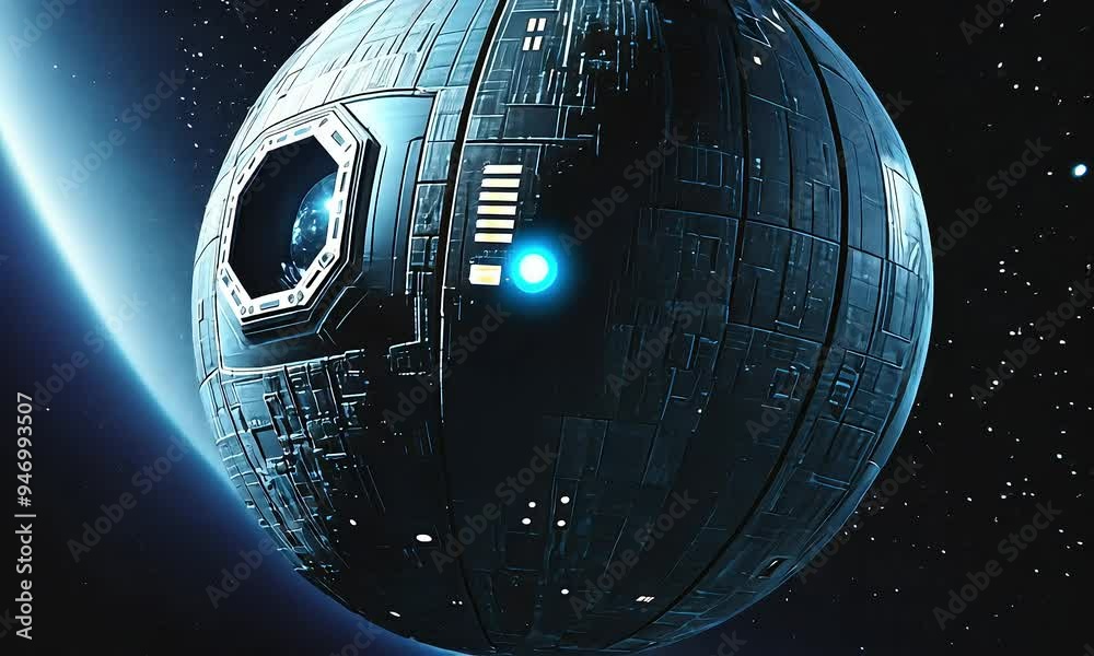 Wall mural futuristic space station orbiting in deep space with ai generated.